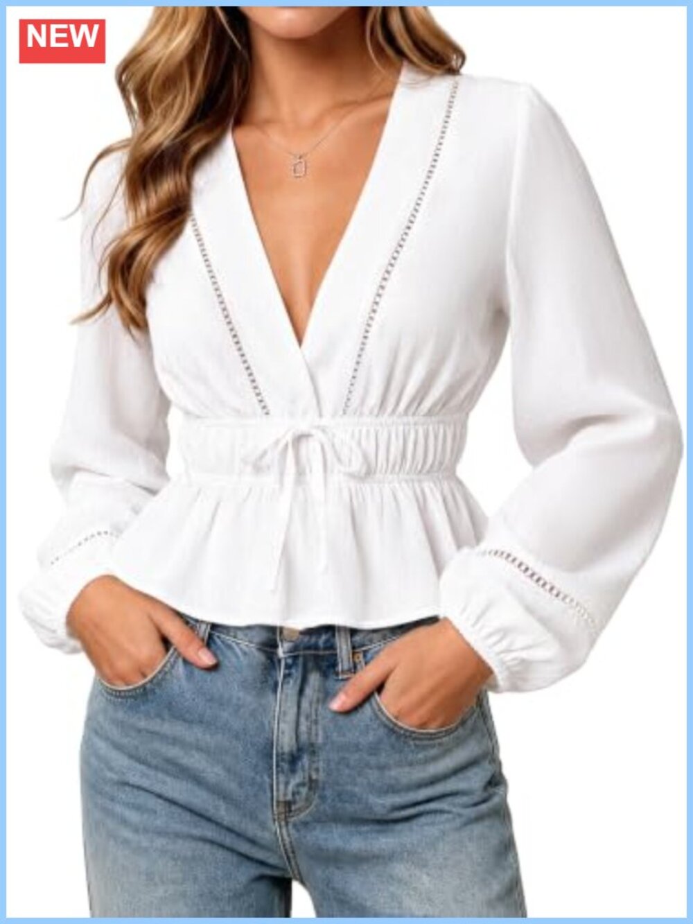 Hilinker Womens Tie Waist Peplum Top V Neck Bishop Sleeve Blouse